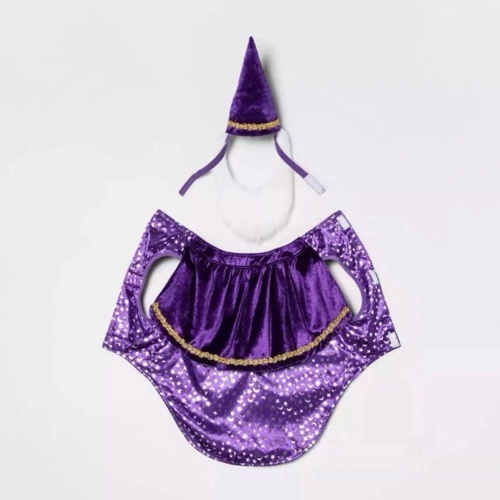 2pc Dog Wizard Costume Purple Velvet Hat Beard Size M Halloween